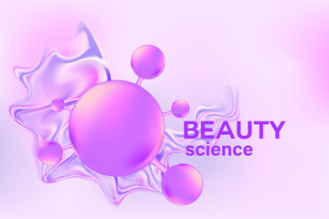 Light pink, purple 3D molecule background, aesthetic bio molecular atom structure poster, liquid serum formula. Cosmetic beauty science product backdrop with copy space. skincare treatment banner