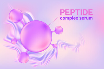 Light pink, purple peptide complex beauty molecule background, aesthetic bio molecular atom structure poster, liquid serum formula. Cosmetic product backdrop with copy space. skincare treatment banner