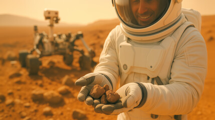An astronaut stands on the Martian surface, holding three samples of soil. Behind, a rover conducts research