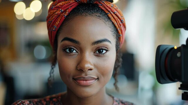 Portrait of a beautiful African woman with camera, confident female with equipment, smiling, filming content creation, indoor studio, beauty