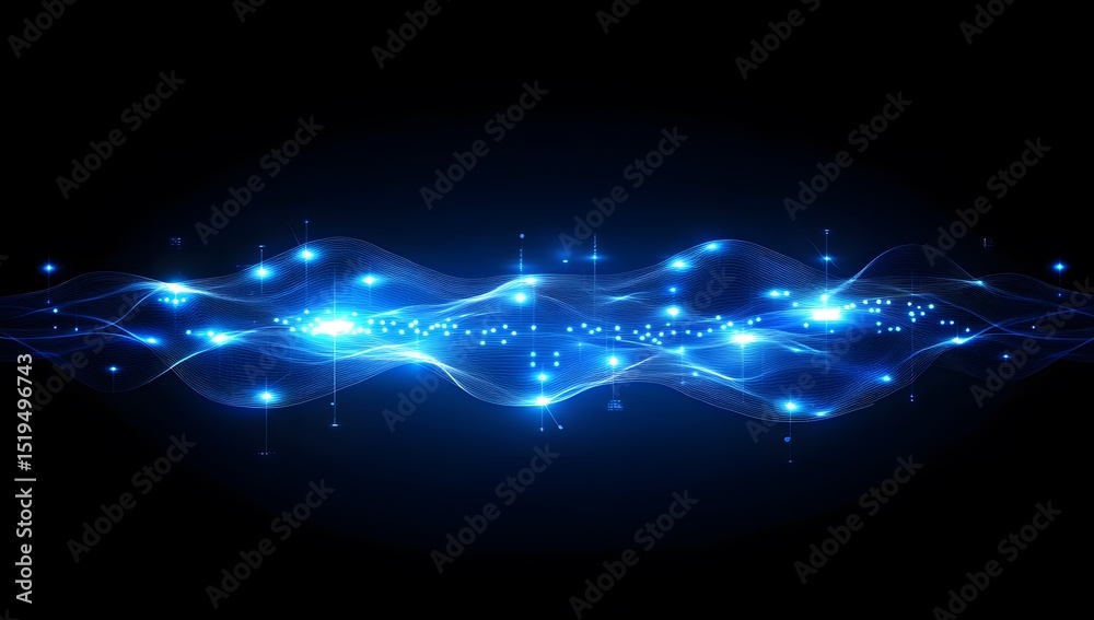Poster abstract blue digital background with glowing dots and lines forming a landscape shape, representing
