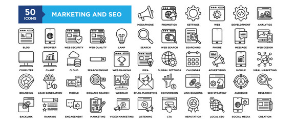 50 Marketing and SEO icon set. Containing design Megaphone, Settings, Promotion, Web Development, Development	