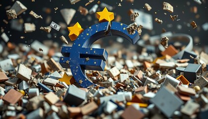 Broken euro symbol amidst falling debris, representing financial crisis, business, risk