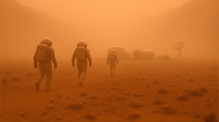 Three astronauts walk through dense Martian dust, engaged in exploration activities
