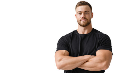 Obraz premium Confident young man with crossed arms, smiling, wearing a black t-shirt, white isolated background.