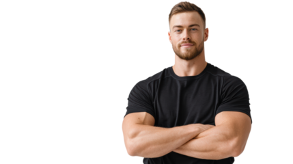 Confident young man with crossed arms, smiling, wearing a black t-shirt, white isolated background.