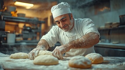 Baker kneading dough in a professional kitchen, preparing fresh bread with artisanal craftsmanship
