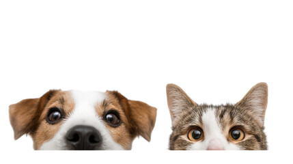 Curious dog and cat peeking over the edge, adorable expressions, perfect for pet lovers.