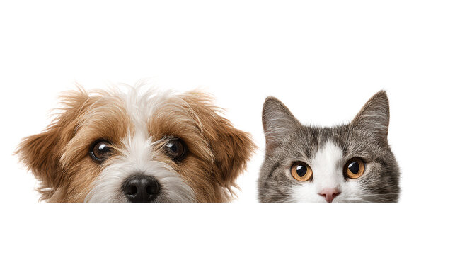 Cute dog and cat peeking together, white isolated background.