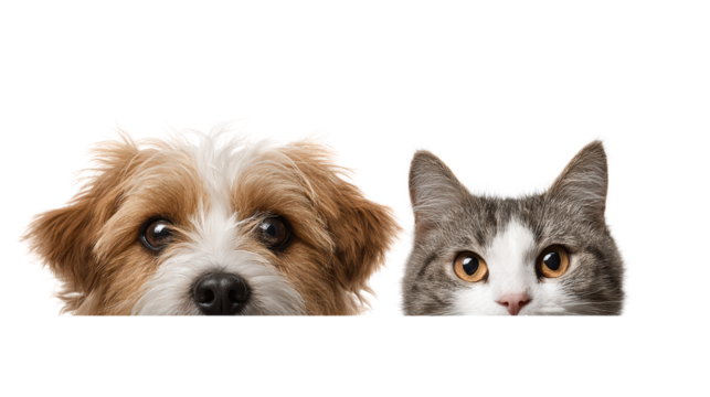 Cute dog and cat peeking together, white isolated background.