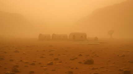 Dust envelops the Martian landscape as habitats are seen in the distance, showcasing the challenges faced by colonizers in establishing a human presence on Mars during a storm