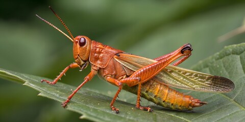 Fototapeta premium Vivid Orange Grasshopper Macro on Leaf – Close-up Insect Photography Highlighting Nature’s Intricate Details and Texture