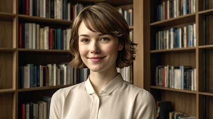 A stylish young woman sits at a table in the library and studies with a textbook.