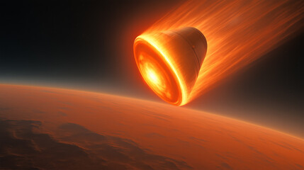 A spacecraft is entering the atmosphere of Mars, surrounded by fiery plasma trails. This critical moment marks a key part of the colonization effort on the red planet, showcasing human exploration