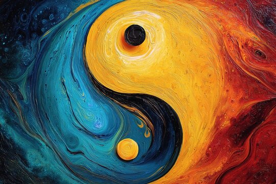 Yin yang symbol created with vibrant swirling colors representing balance and harmony. Ai Generative