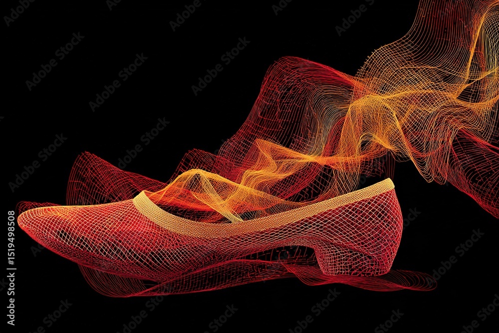Poster dynamic visualization of a modern shoe with flowing patterns in red and yellow colors captured again