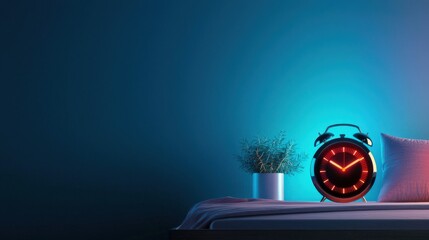 A clock with red numbers on it sits on a bed