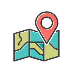 Creative map design with a location pin prominently featured in a stylized layout showcasing pathways and regions