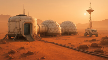 Mars colonization shows futuristic habitats connected by cables, an exploration vehicle parked nearby, and a tower