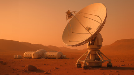 A communication satellite dish stands prominently on the red Martian surface, with a futuristic habitation module visible nearby