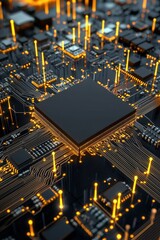 A close up of a computer chip with a black background