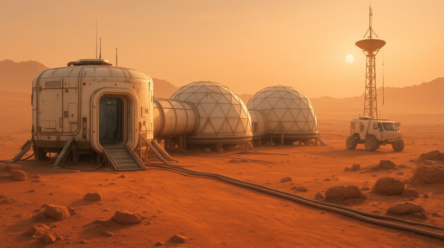 Mars colonization shows futuristic habitats connected by cables, an exploration vehicle parked nearby, and a tower - Powered by Adobe