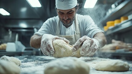 Baker kneading dough in a professional kitchen, preparing fresh bread with artisanal craftsmanship