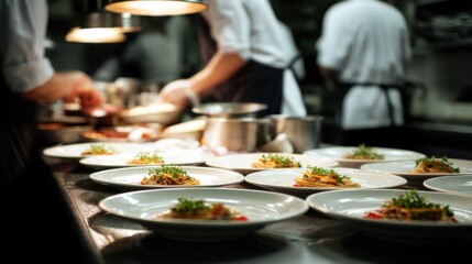 Diverse Kitchen Brigade Finishing Plates During Rush