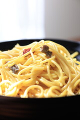 Creamy chicken mushroom spaghetti pasta in close-up