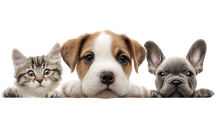 Fototapeta premium Cute dog and cat trio posing together, perfect for pet lovers and animal enthusiasts.