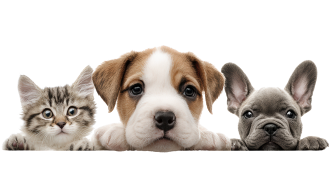 Cute dog and cat trio posing together, perfect for pet lovers and animal enthusiasts.