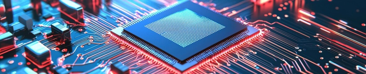 A computer chip is shown in a red and blue color scheme