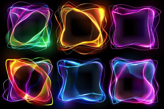 Set of glowing neon color squares with rounded edges and wavy flowing lines isolated on black background technology concept. Square light frame borde