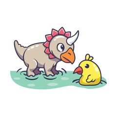 Obraz premium Cute dinosaur character interacts playfully with a small yellow bird in a whimsical setting at a sunny pond
