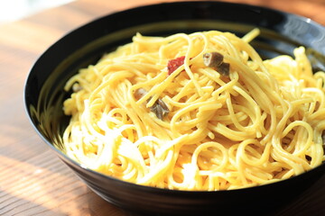 Creamy chicken mushroom spaghetti pasta in close-up