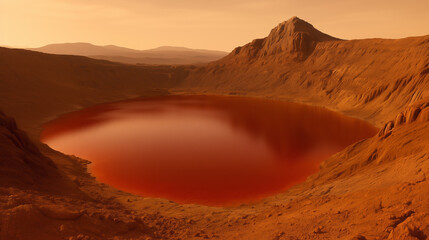 The barren yet beautiful Martian terrain showcases a massive crater filled with reddish liquid, water on Mars concept