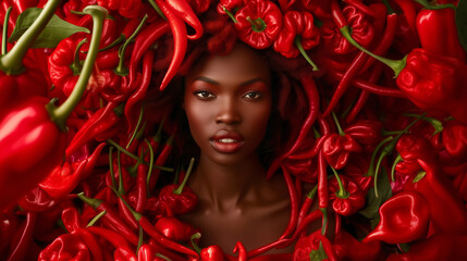 A woman with striking features is enveloped in an array of vibrant red peppers, creating a bold and artistic portrayal. The composition highlights the contrast between her skin and the peppers