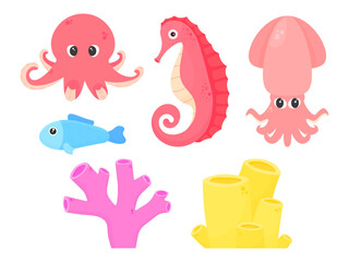 Set of sea inhabitants and corals. Cute sea animals and plants. Octopus, fish, squid, seahorse and coral