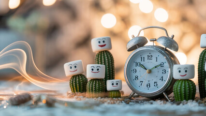 Whimsical Sugar Cube Characters with Vintage Clock in Frosty Winter Setting