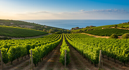 Obraz premium Coastal Vineyard at Sunset: Rows of Grapes and the Mediterranean Sea
