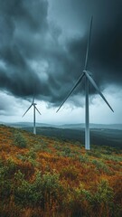 Wind turbines standing on hill under dark storm clouds, surrounded by autumn vegetation and dramatic landscape