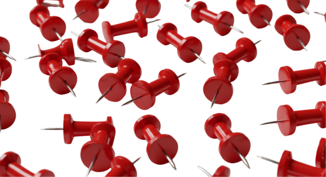 A scattered collection of vibrant red push pins symbolizing focus and precision against a on transparent background