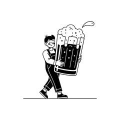 A Boy Carrying a Large Mug of Foamy Beer Black and White Cartoon Illustration