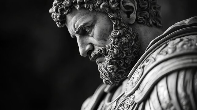 A statue of the Roman emperor Maxentius, with curly hair and beard, wearing ancient Roman armor. The background is a blurred black and white