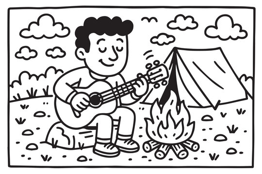 A black and white vector shows a man camping, playing guitar beside a campfire, outlined clearly with bold black lines and detail.