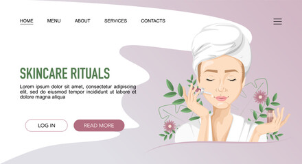 Skincare rituals spa Landing web page with woman having beauty routine