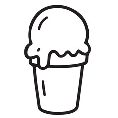 A black and white vector illustration of a cup of ice cream, outlined boldly in black, capturing texture and creamy details clearly.

