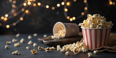 Dark food photography backgrund - Popcorn on table and bokeh lights in the defocused background