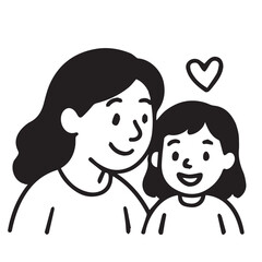 A black and white vector illustration of a loving mother gently embracing her little daughter, outlined clearly with strong, bold black lines.