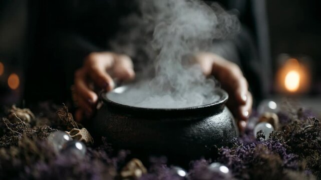 Mystical cauldron brewing with smoke in a dimly lit setting surrounded by natural elements